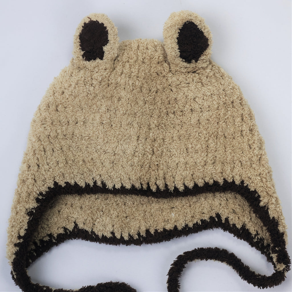 Cute Teddy Bear Fleece Cap with Ear Flaps & Flower Poms - Warm Kids Headwear