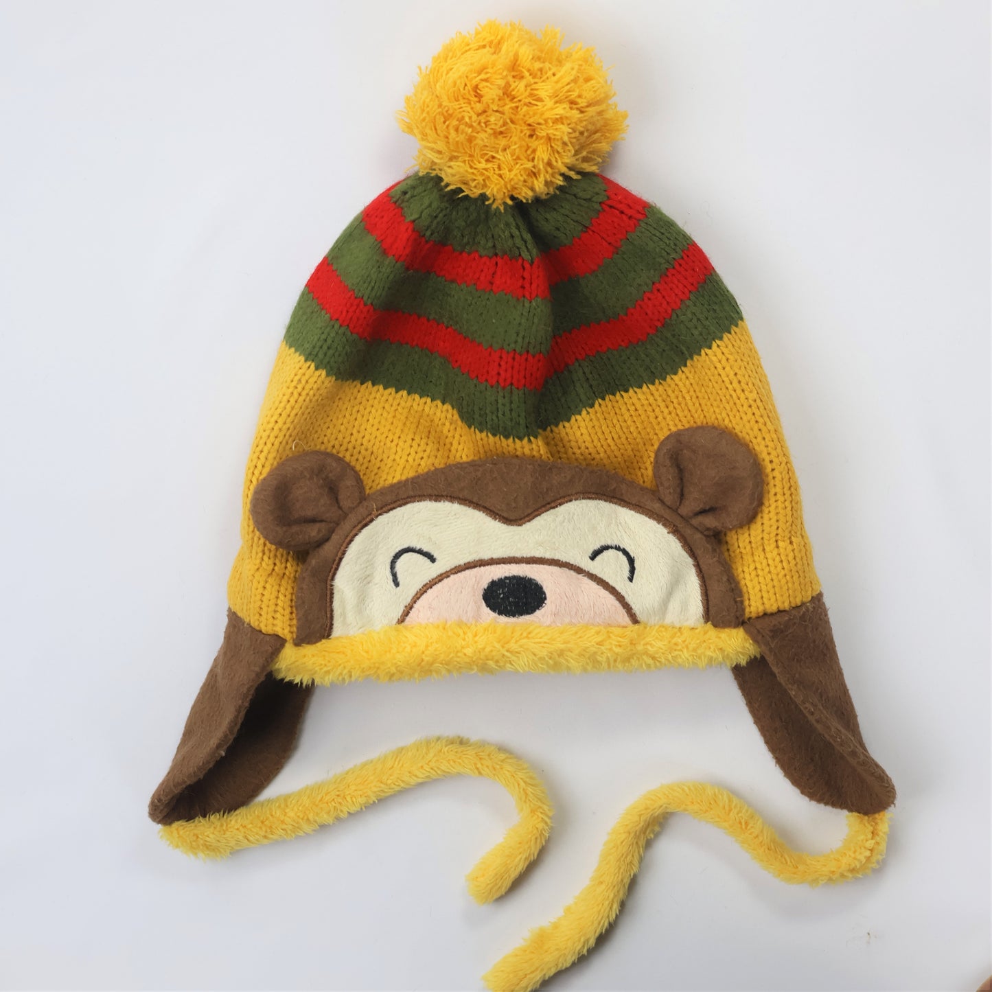 Malvina Fashion Baby Winter Warm Cap Hat Cartoon Monkey Striped Ball Ear Caps (Yellow)