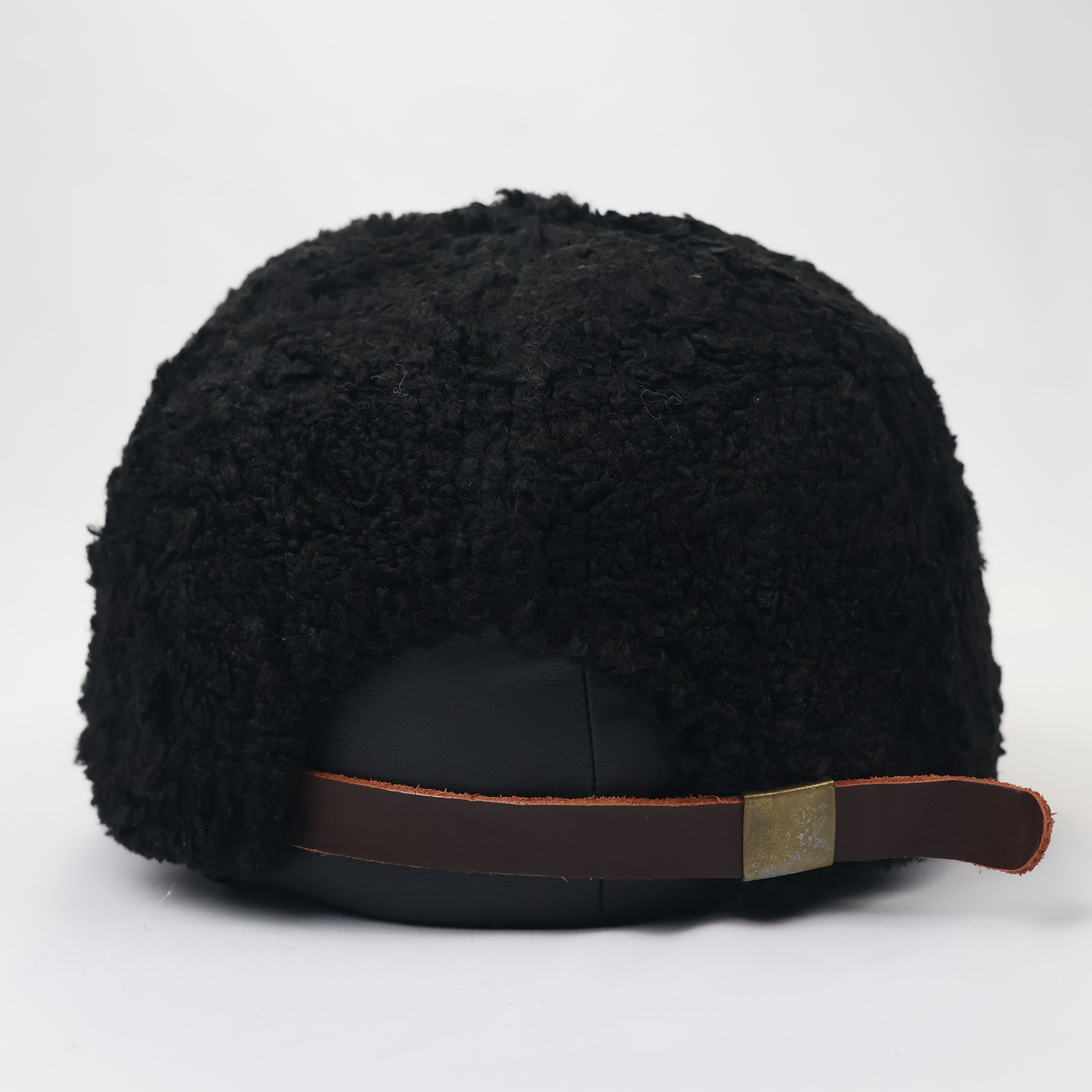 TNC Korea Sherpa Fleece Cap - Cozy Black Winter Hat with Leather Strap