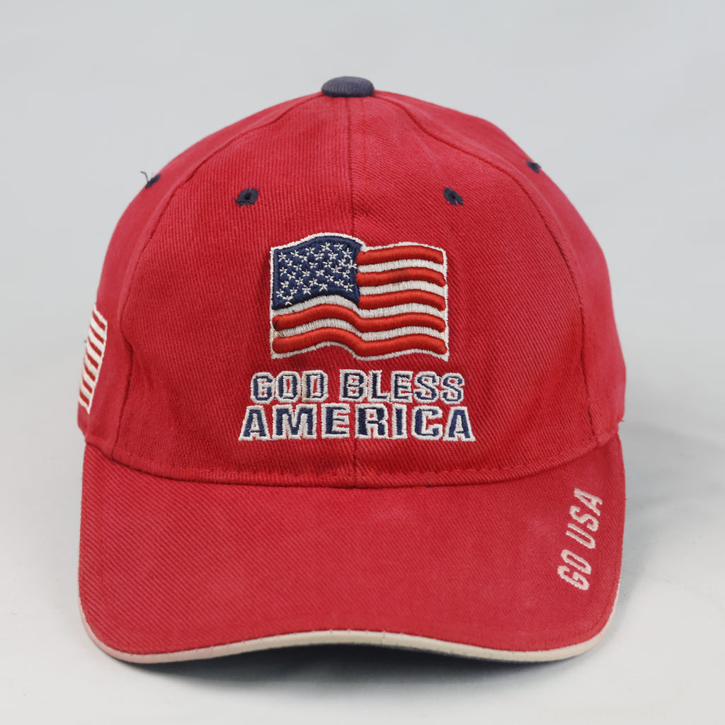 Thrifted God Bless America Red Embroidered USA Flag Dad Hat (56 cm) | 10717