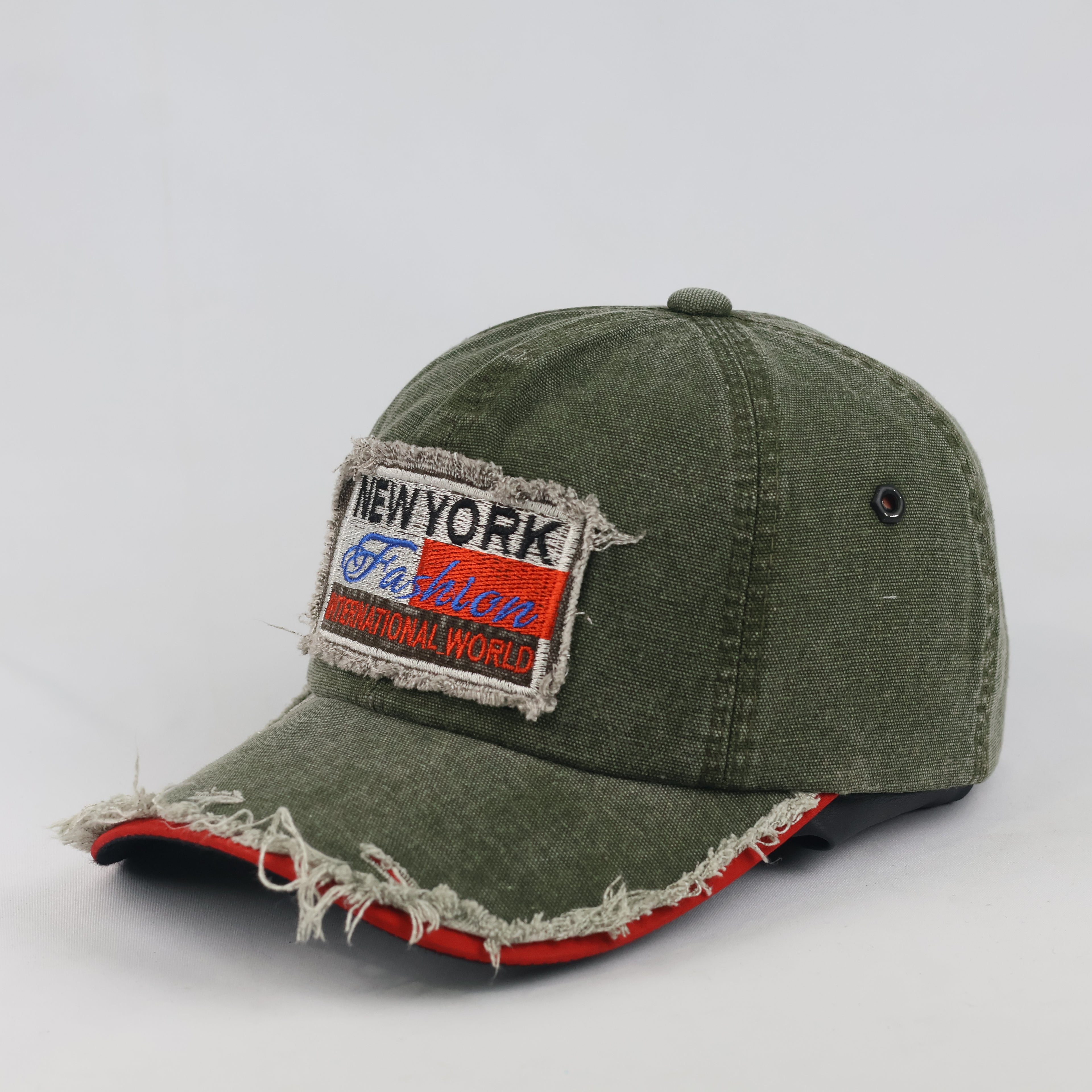 Distressed New York Fashion Strapback Hat (Olive Green, 57-59cm)
