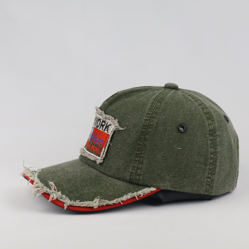 Distressed New York Fashion Strapback Hat (Olive Green, 57-59cm)