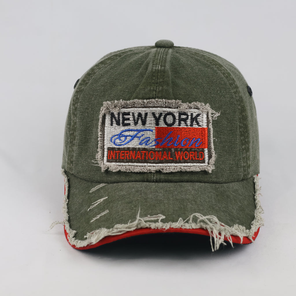 Distressed New York Fashion Strapback Hat (Olive Green, 57-59cm)