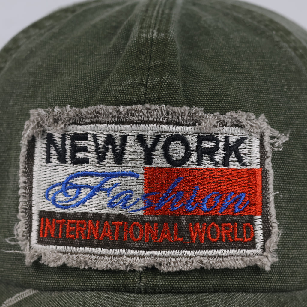Distressed New York Fashion Strapback Hat (Olive Green, 57-59cm)