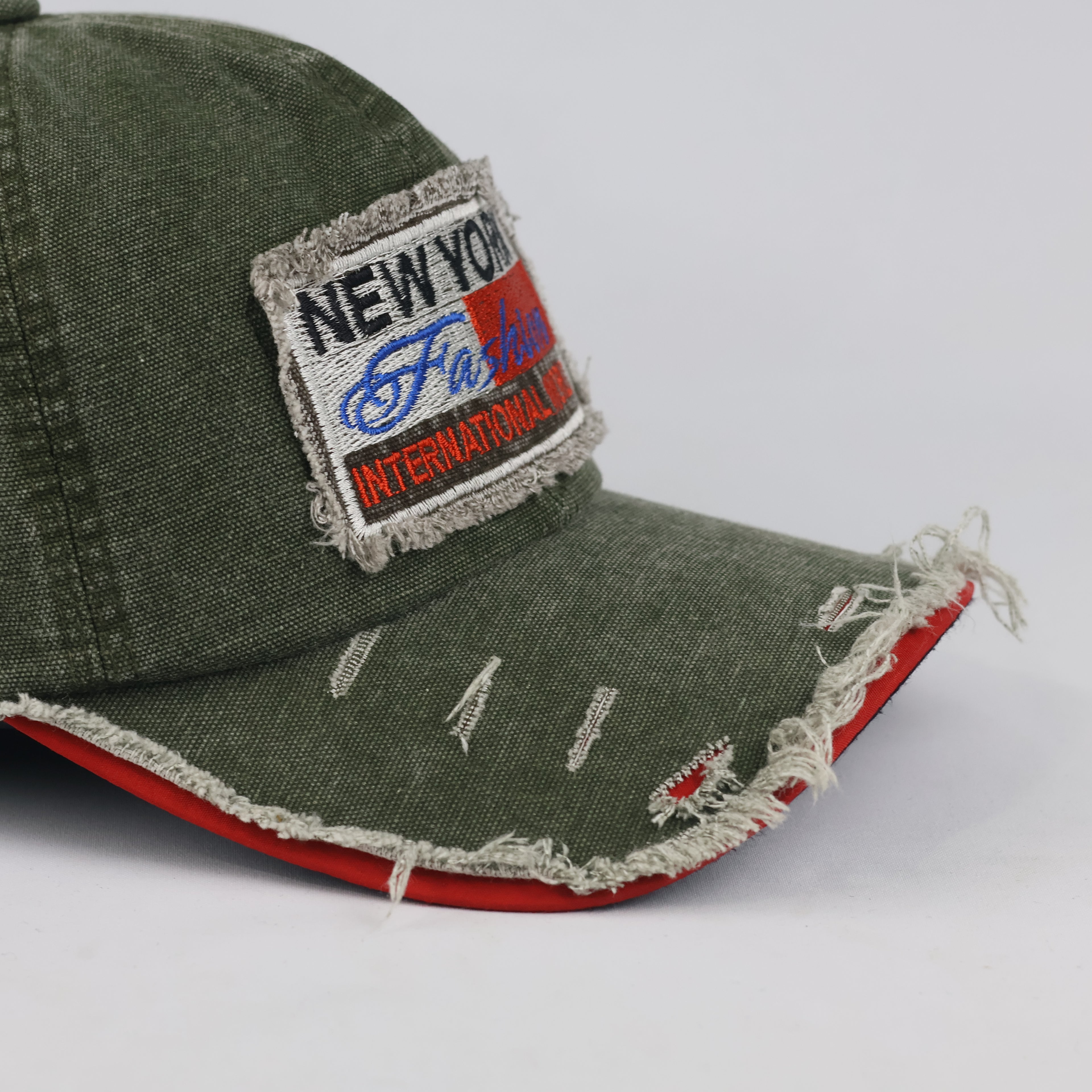 Distressed New York Fashion Strapback Hat (Olive Green, 57-59cm)