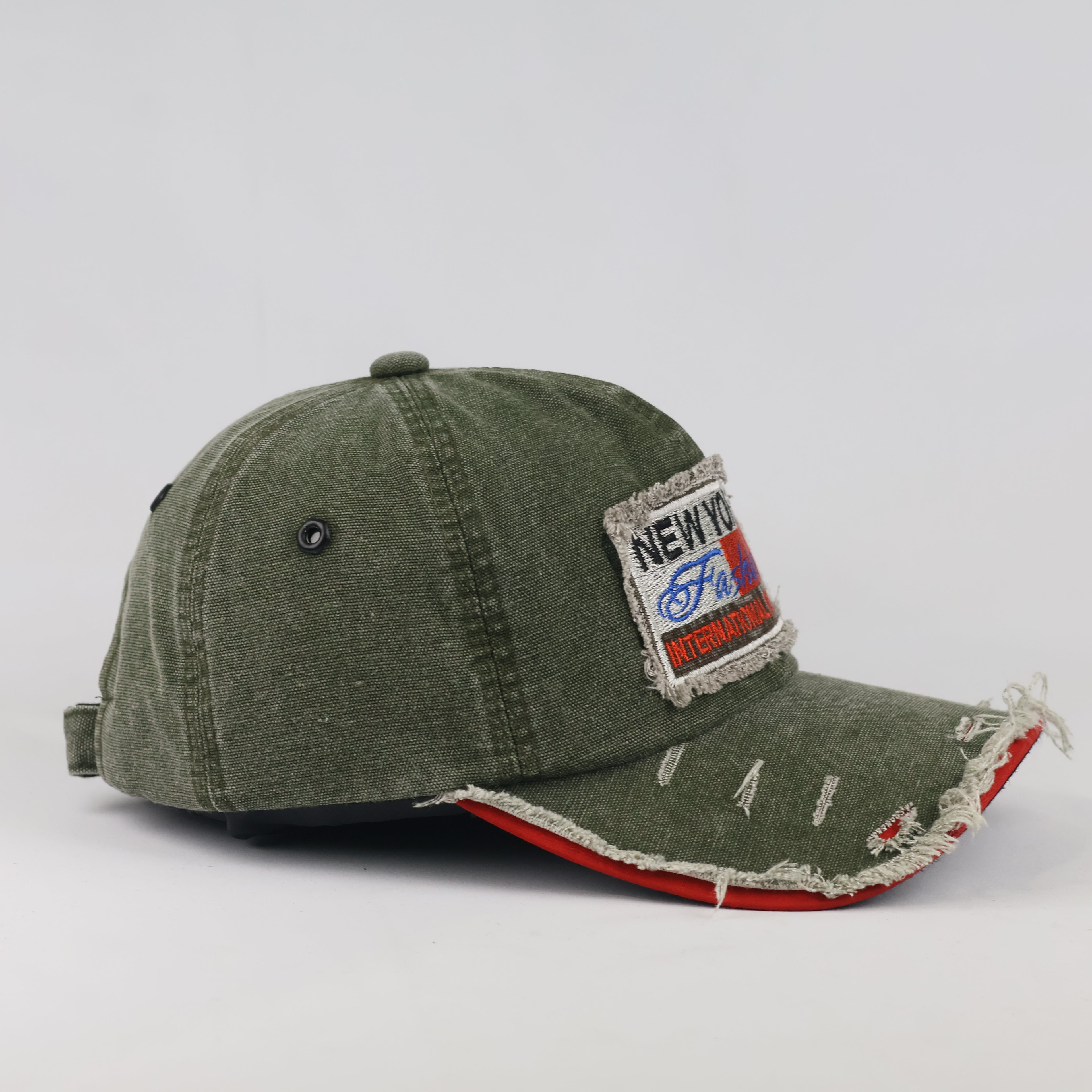 Distressed New York Fashion Strapback Hat (Olive Green, 57-59cm)