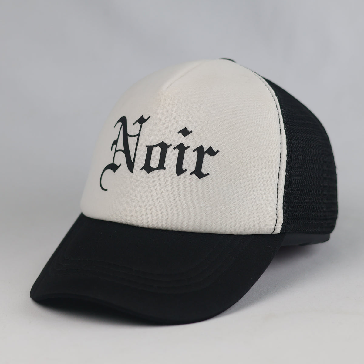 Thrifted Noir Old English Font Black & Off-White Mesh Snapback Hat | 10802