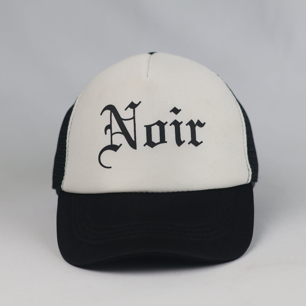 Thrifted Noir Old English Font Black & Off-White Mesh Snapback Hat | 10802