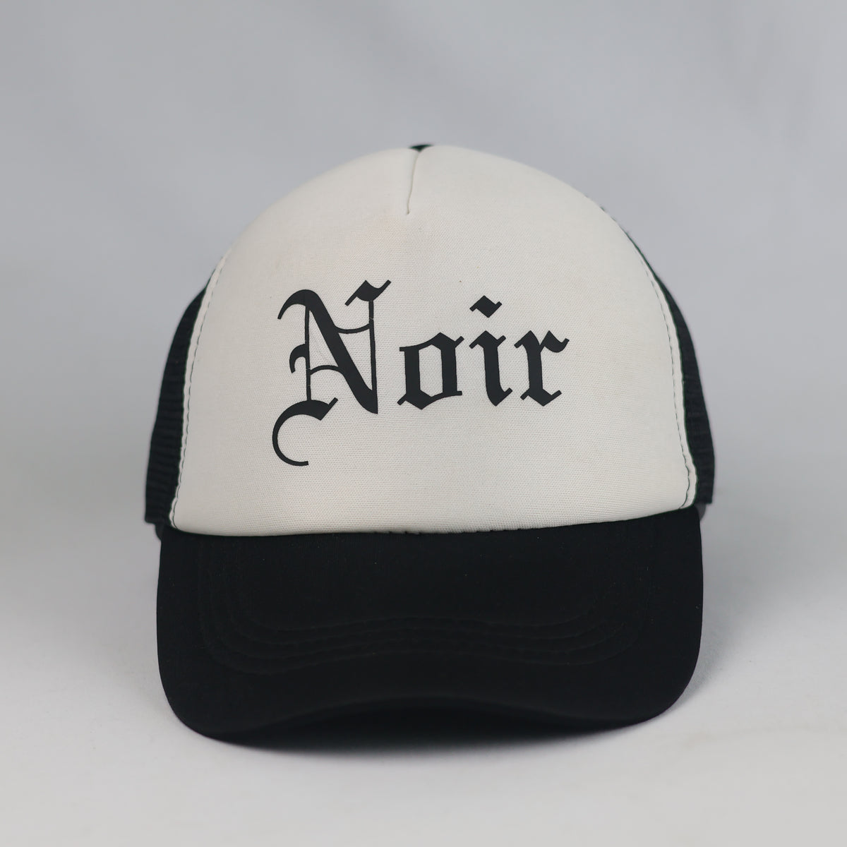 Thrifted Noir Old English Font Black & Off-White Mesh Snapback Hat | 10802