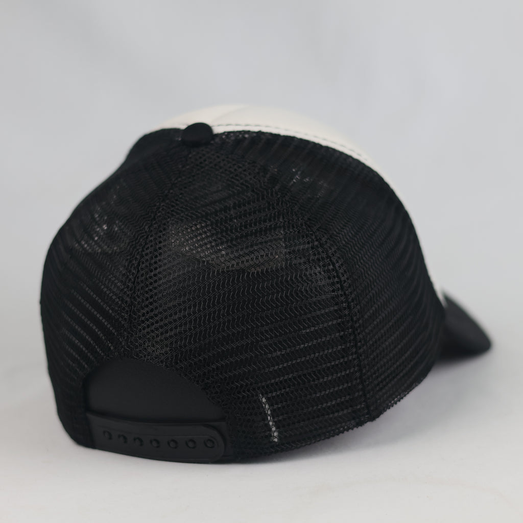 Thrifted Noir Old English Font Black & Off-White Mesh Snapback Hat | 10802