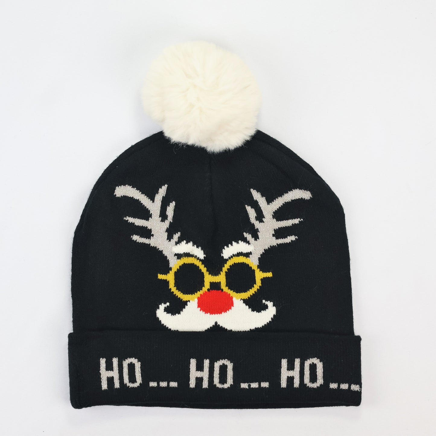 Festive Christmas "Ho Ho Ho" Beanie – Black & White Holiday Knit Hat