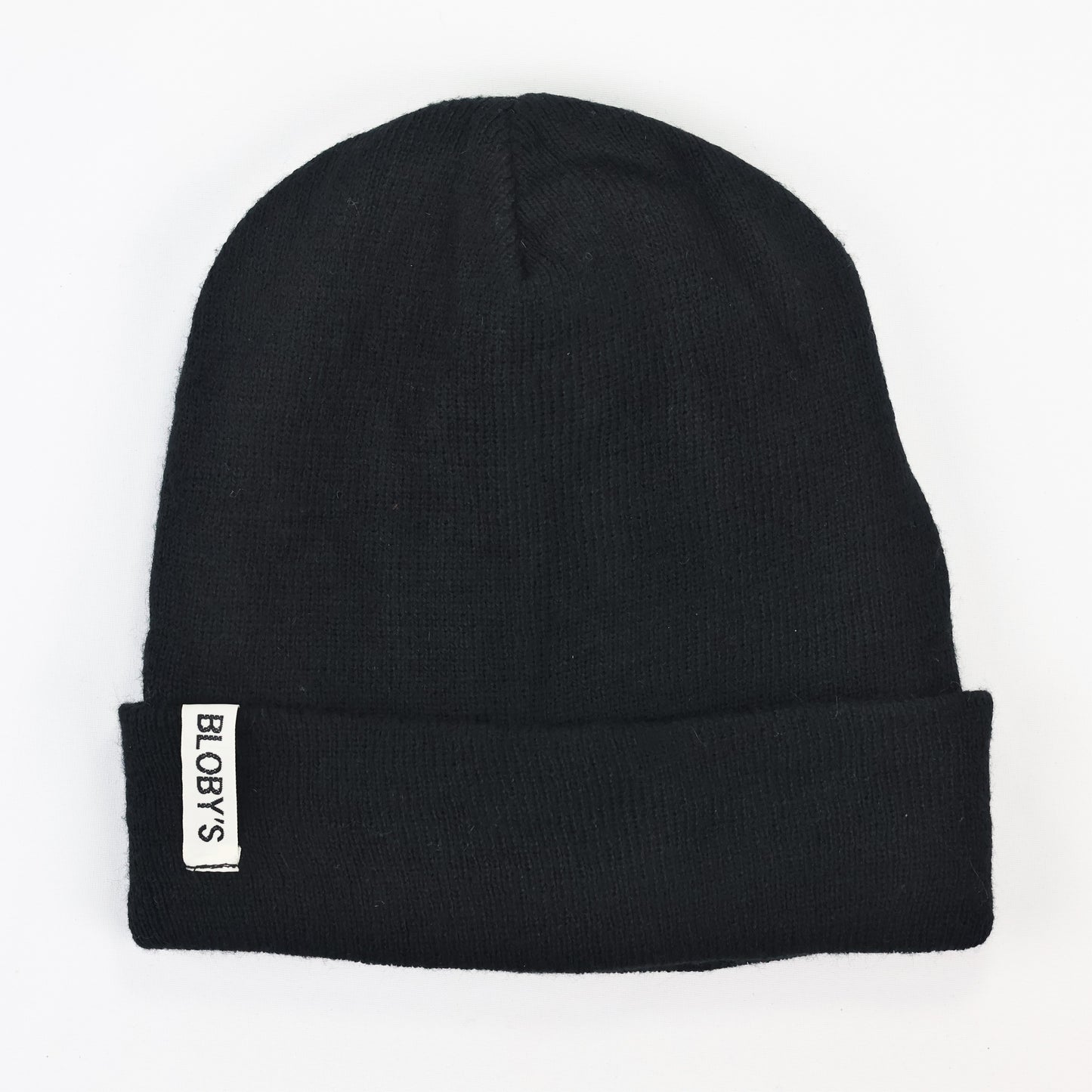 Official BLOBY Black Cuffed Thrifted Beanie – Minimalist White Logo Winter Cap