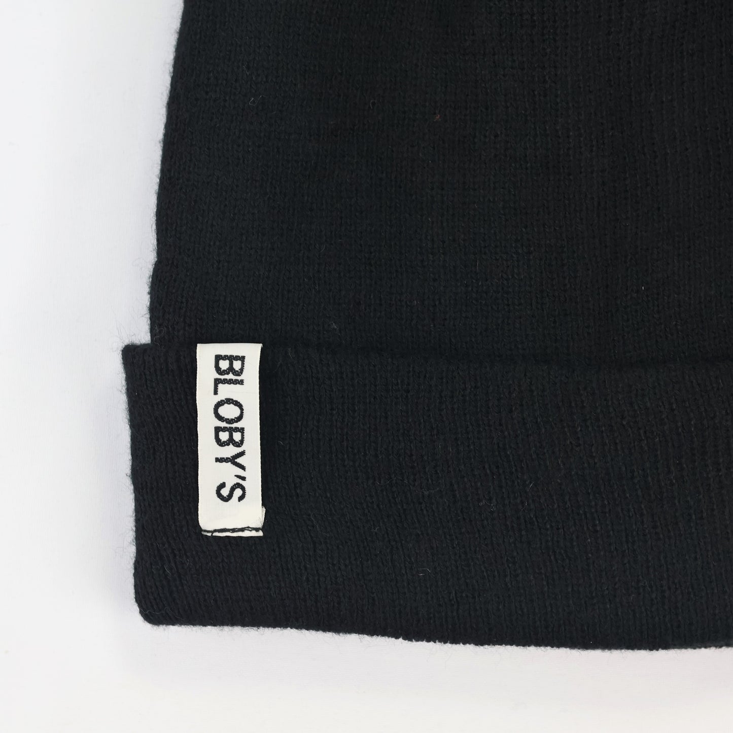 Official BLOBY Black Cuffed Thrifted Beanie – Minimalist White Logo Winter Cap
