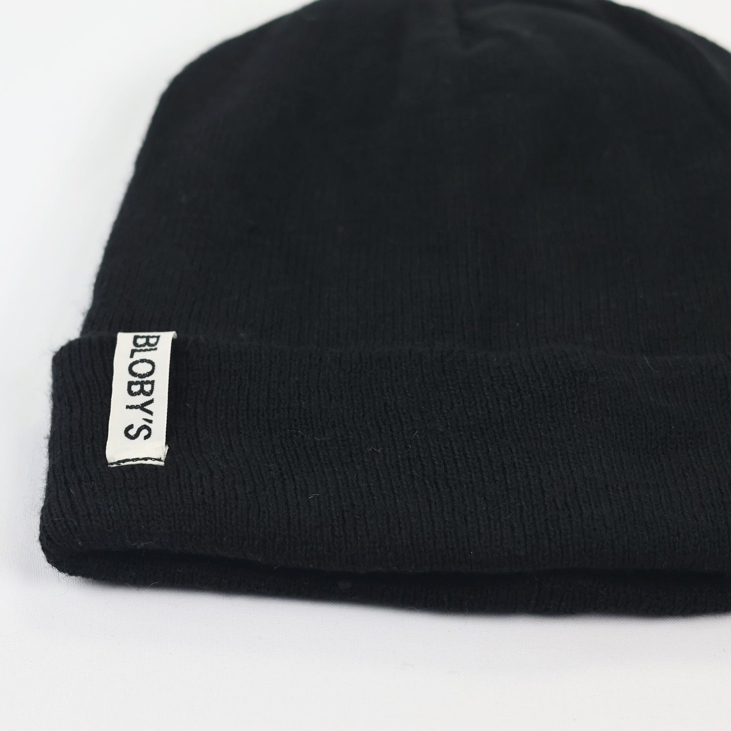 Official BLOBY Black Cuffed Thrifted Beanie – Minimalist White Logo Winter Cap