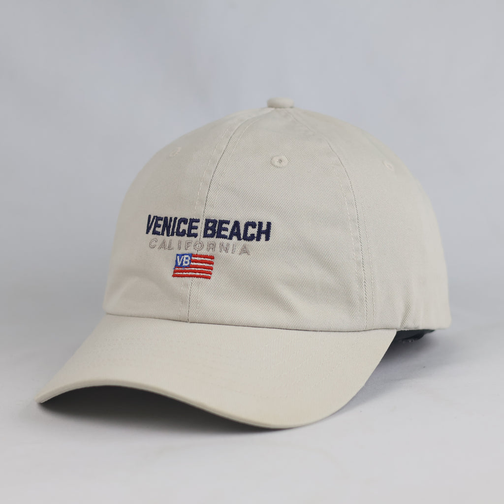 Thrifted Venice Beach US Flag Beige Cotton Baseball Cap | 10779