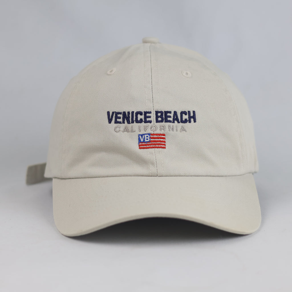 Thrifted Venice Beach US Flag Beige Cotton Baseball Cap | 10779