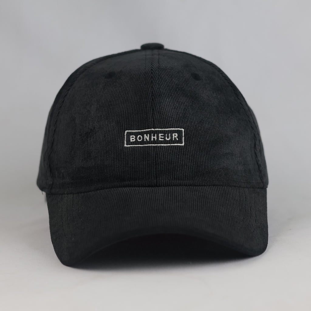 Thrifted Black Ribbed Corduroy "Bonheur" Box Patch Baseball Cap | 10776