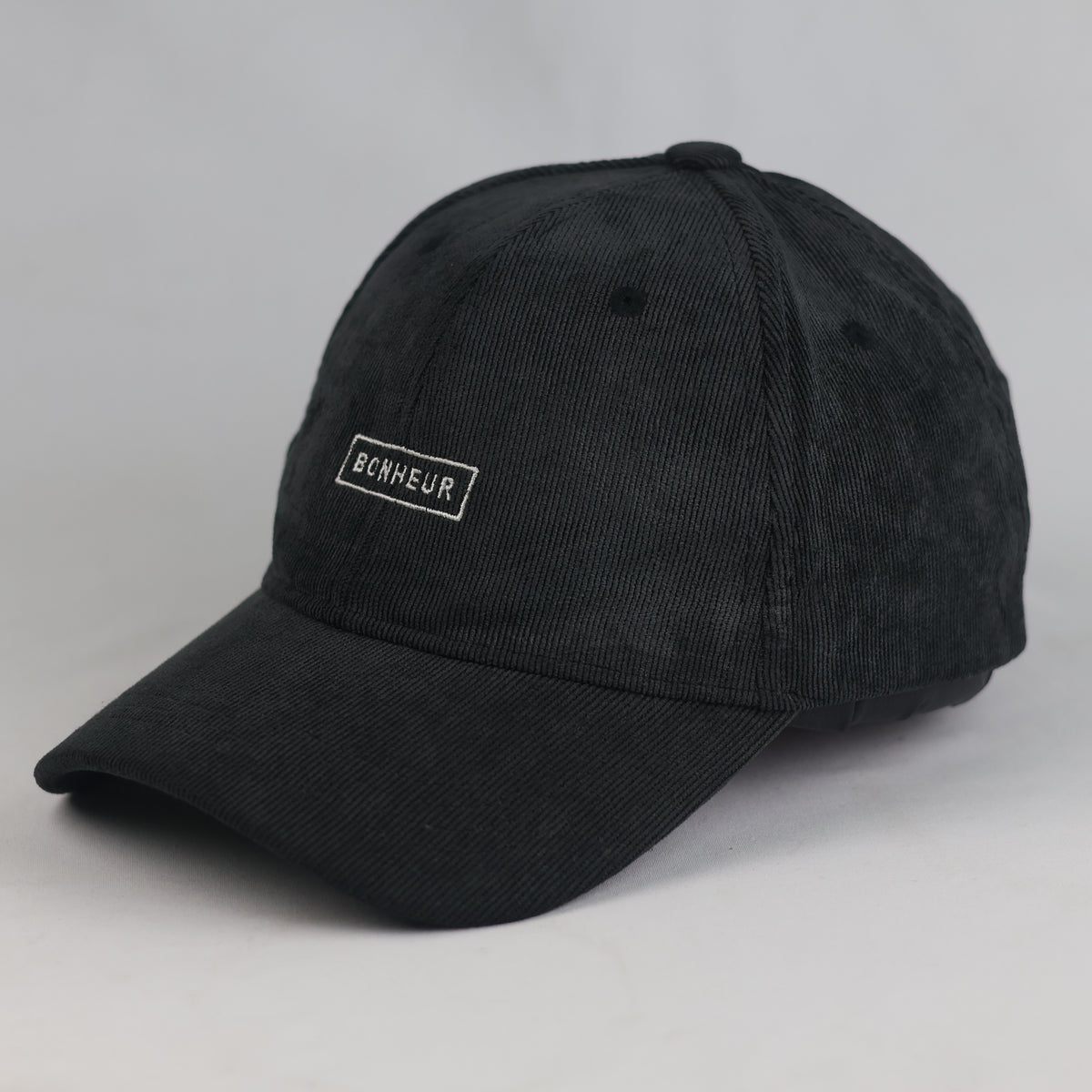 Thrifted Black Ribbed Corduroy "Bonheur" Box Patch Baseball Cap | 10776