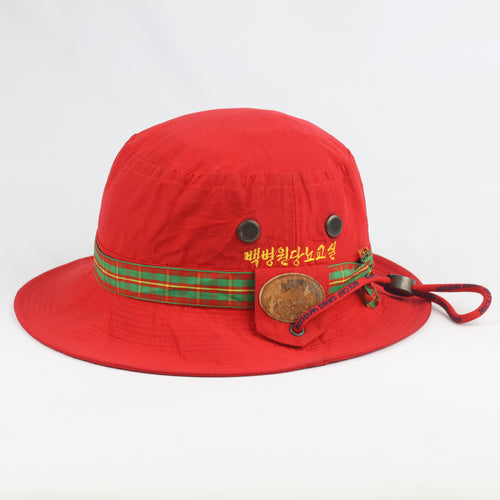 Retro Red Bucket Hat with Plaid Trim Band - Nice Cap Sang Woon Safari Hat