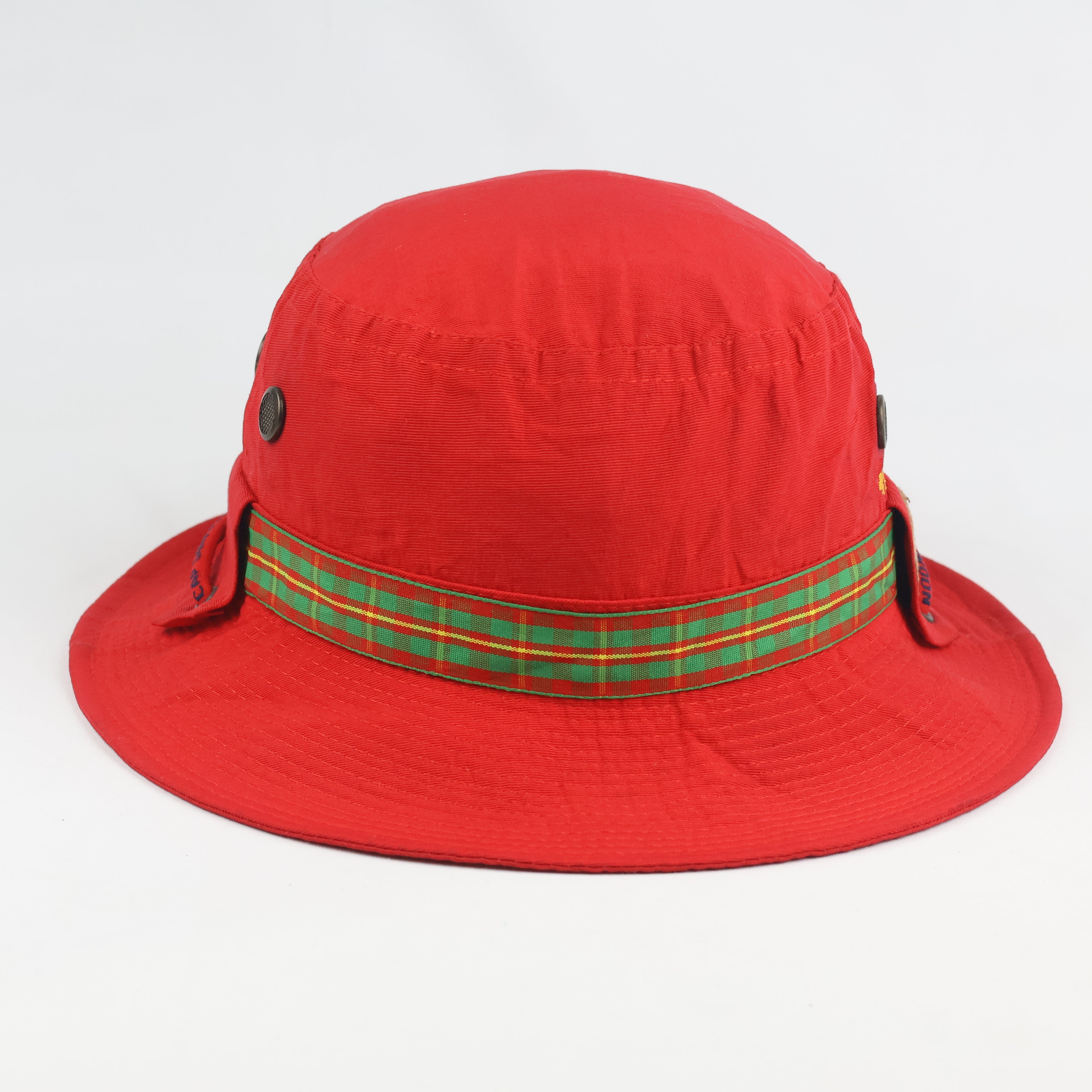 Retro Red Bucket Hat with Plaid Trim Band - Nice Cap Sang Woon Safari Hat