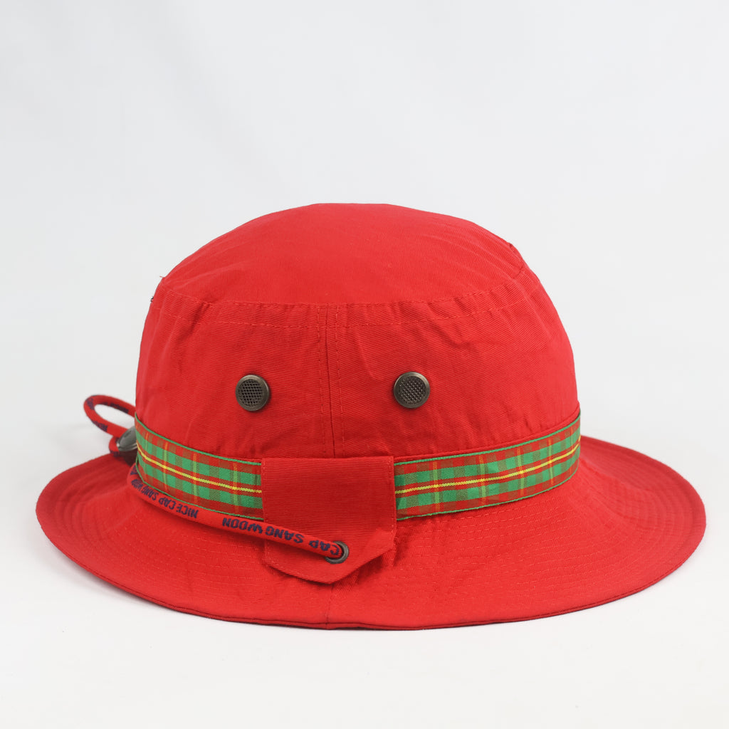 Retro Red Bucket Hat with Plaid Trim Band - Nice Cap Sang Woon Safari Hat