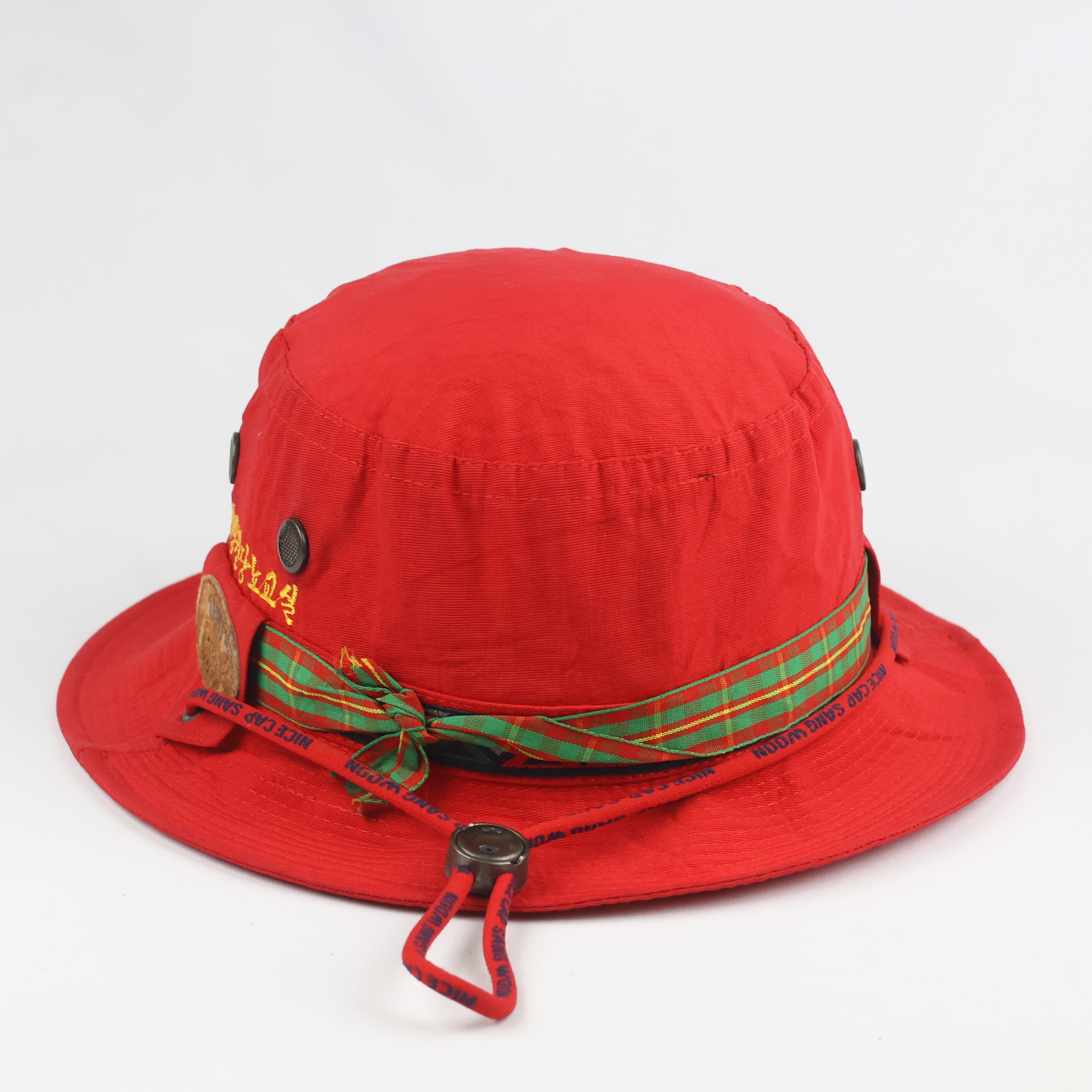 Retro Red Bucket Hat with Plaid Trim Band - Nice Cap Sang Woon Safari Hat