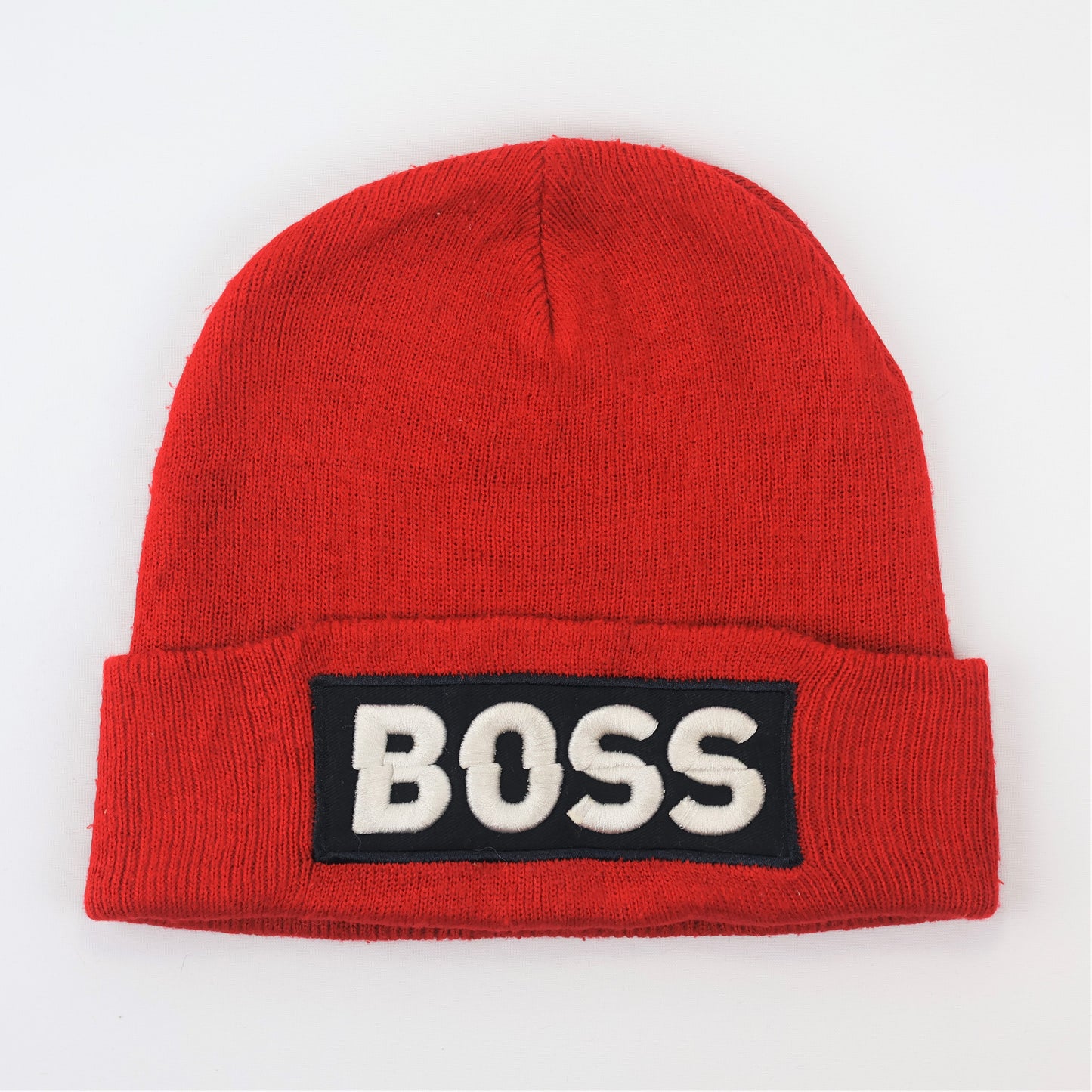 Red BOSS Embroidered Thrifted Beanie Hat – Classic Ribbed Winter Cap