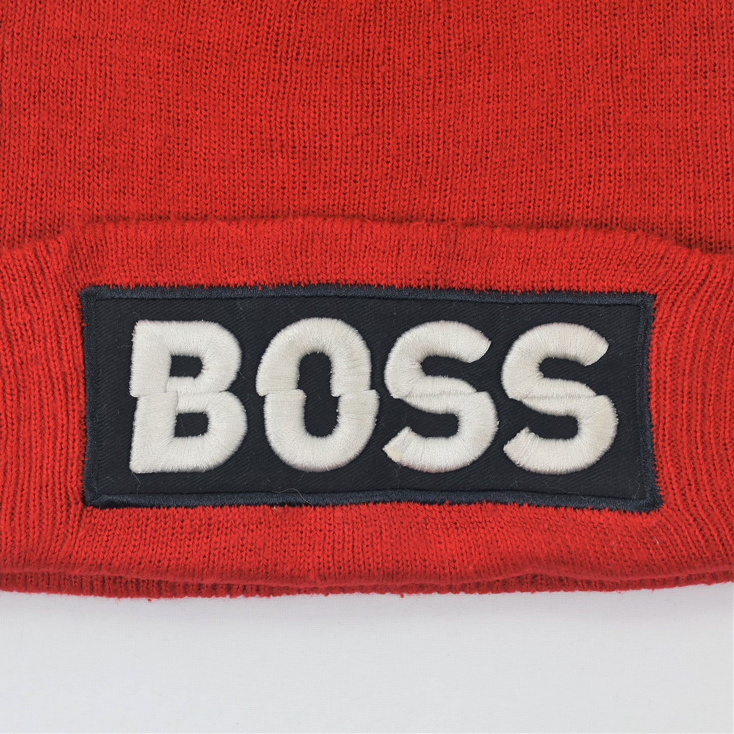 Red BOSS Embroidered Thrifted Beanie Hat – Classic Ribbed Winter Cap