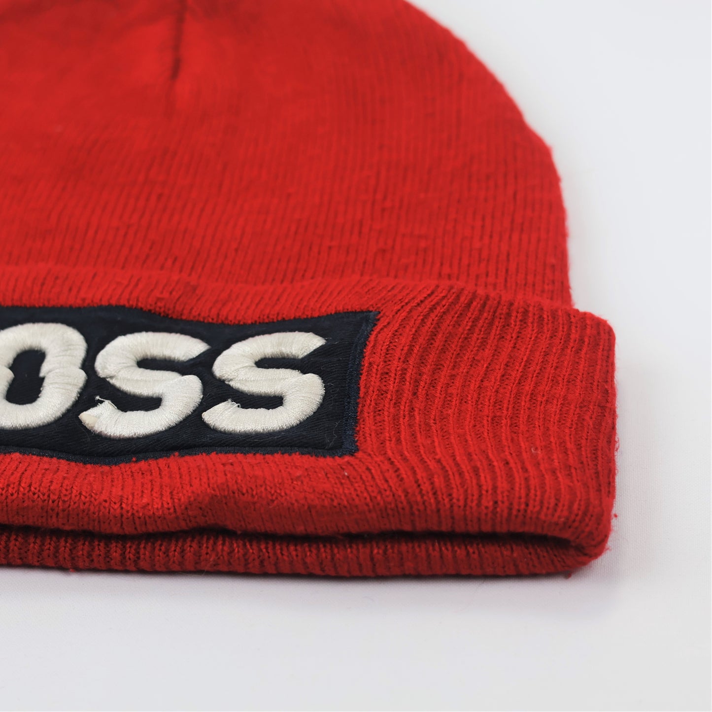 Red BOSS Embroidered Thrifted Beanie Hat – Classic Ribbed Winter Cap