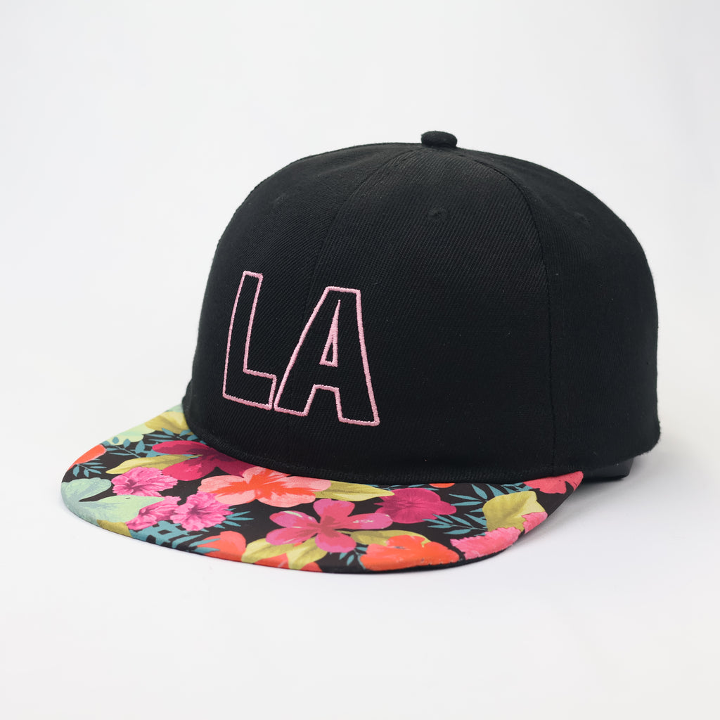 LA Embroidered Snapback Thrifted Hat – Black with Tropical Floral Brim