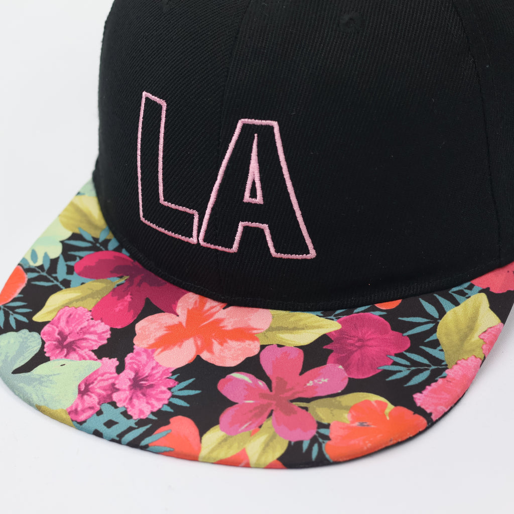 LA Embroidered Snapback Thrifted Hat – Black with Tropical Floral Brim
