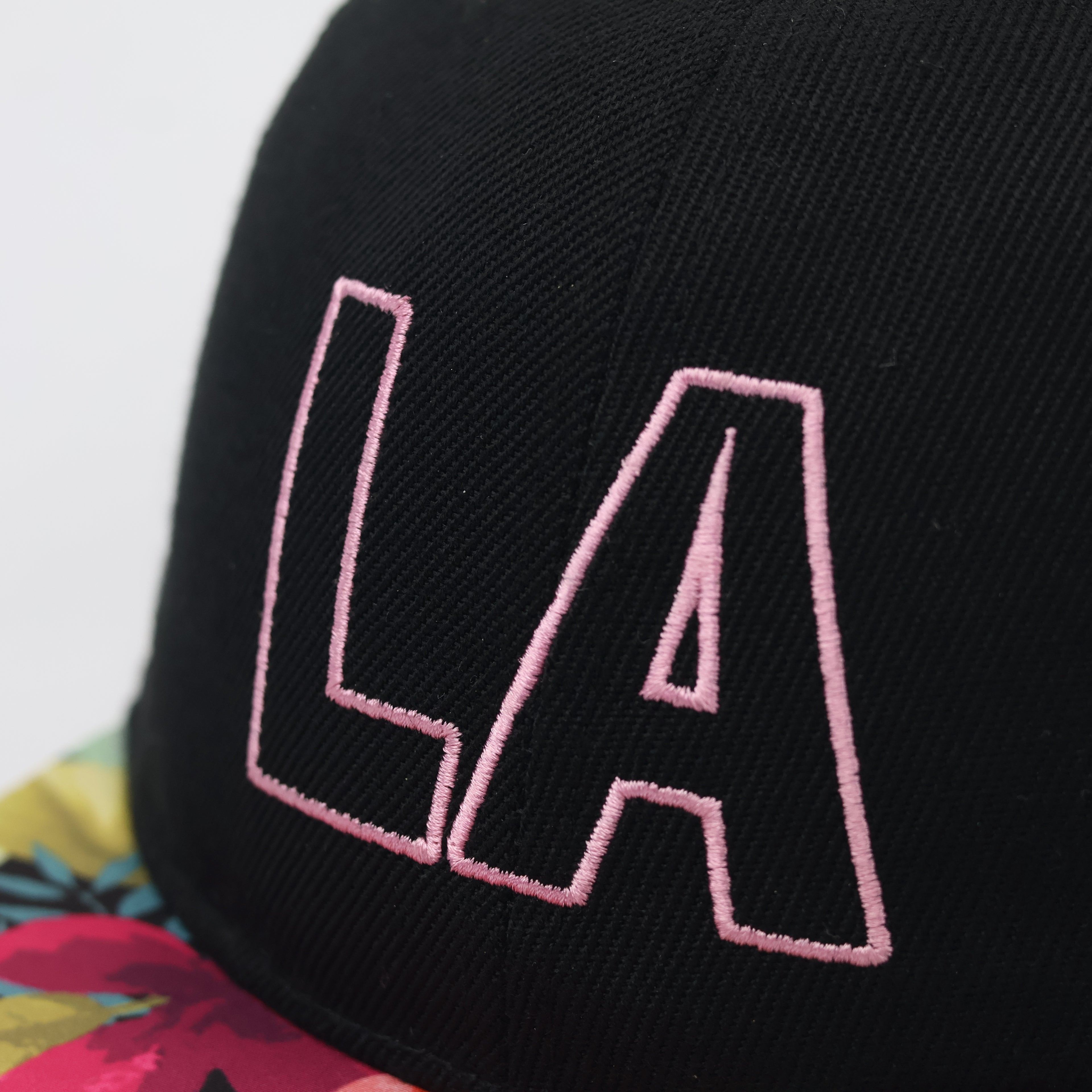 LA Embroidered Snapback Thrifted Hat – Black with Tropical Floral Brim