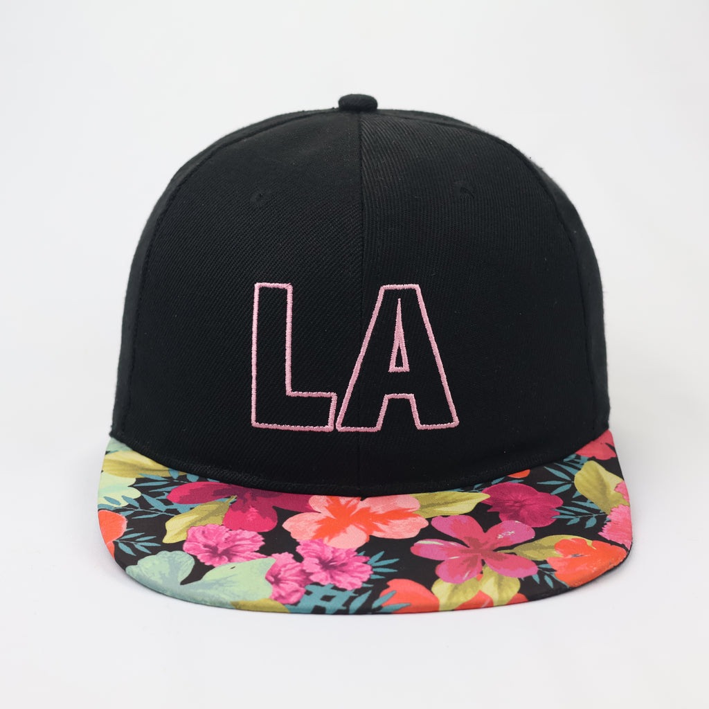 LA Embroidered Snapback Thrifted Hat – Black with Tropical Floral Brim