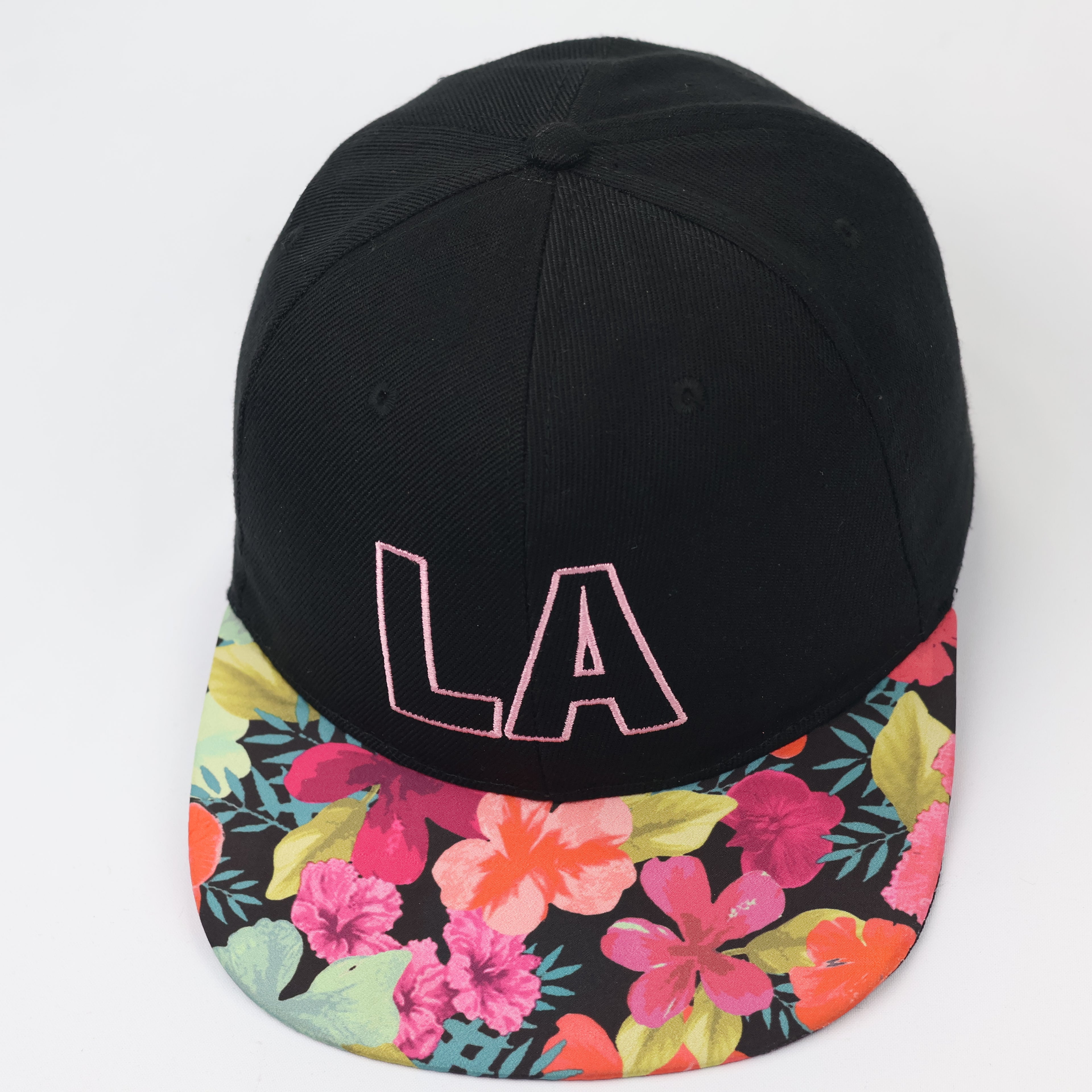 LA Embroidered Snapback Thrifted Hat – Black with Tropical Floral Brim