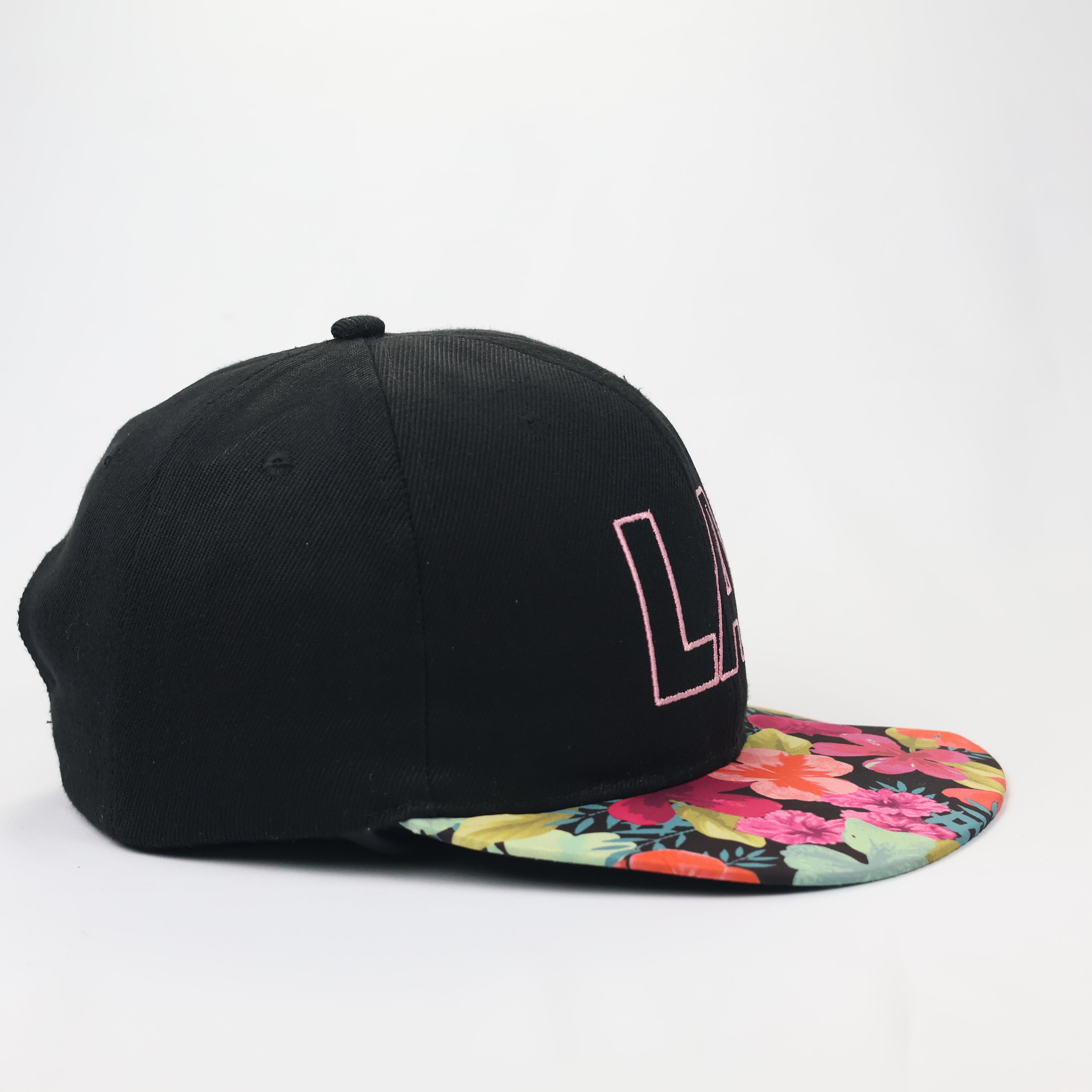 LA Embroidered Snapback Thrifted Hat – Black with Tropical Floral Brim