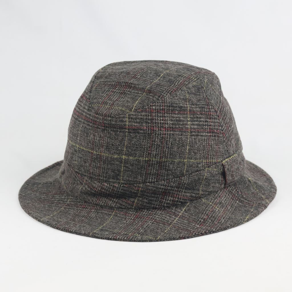 Retro Tartan Plaid Bucket Hat - Grey Wool Blend Thrifted Casual Cloche Cap