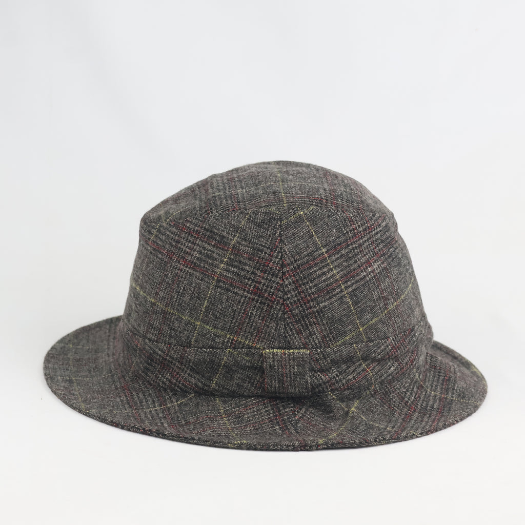 Retro Tartan Plaid Bucket Hat - Grey Wool Blend Thrifted Casual Cloche Cap