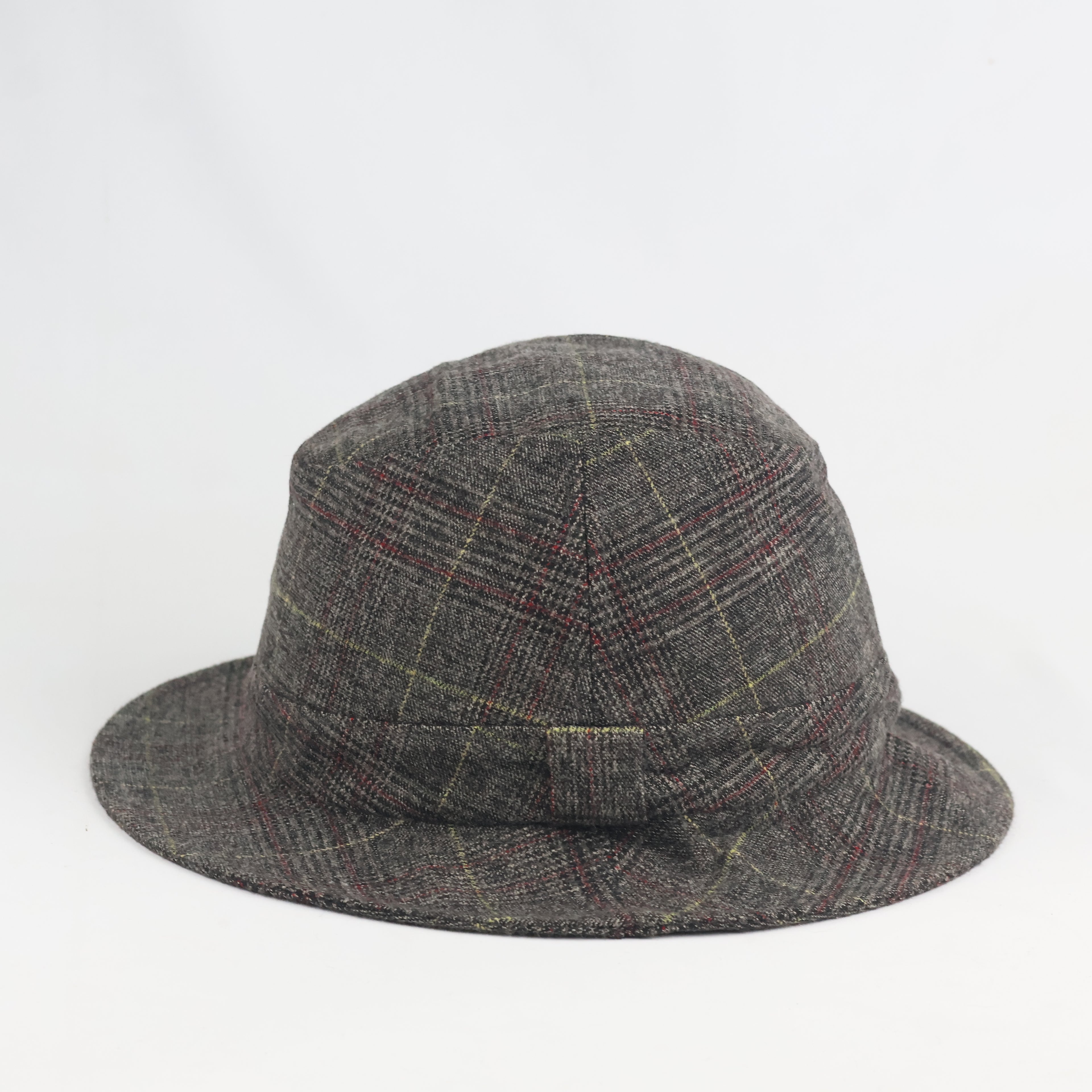 Retro Tartan Plaid Bucket Hat - Grey Wool Blend Thrifted Casual Cloche Cap