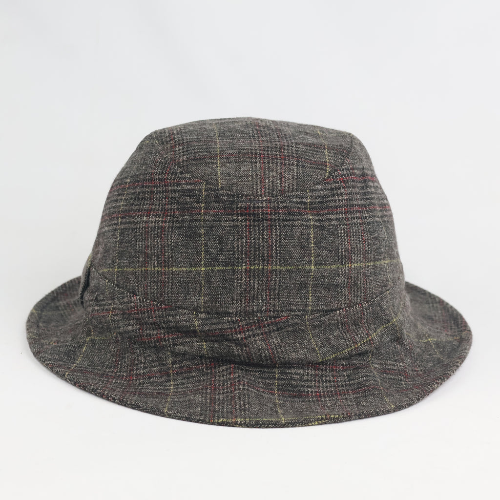 Retro Tartan Plaid Bucket Hat - Grey Wool Blend Thrifted Casual Cloche Cap