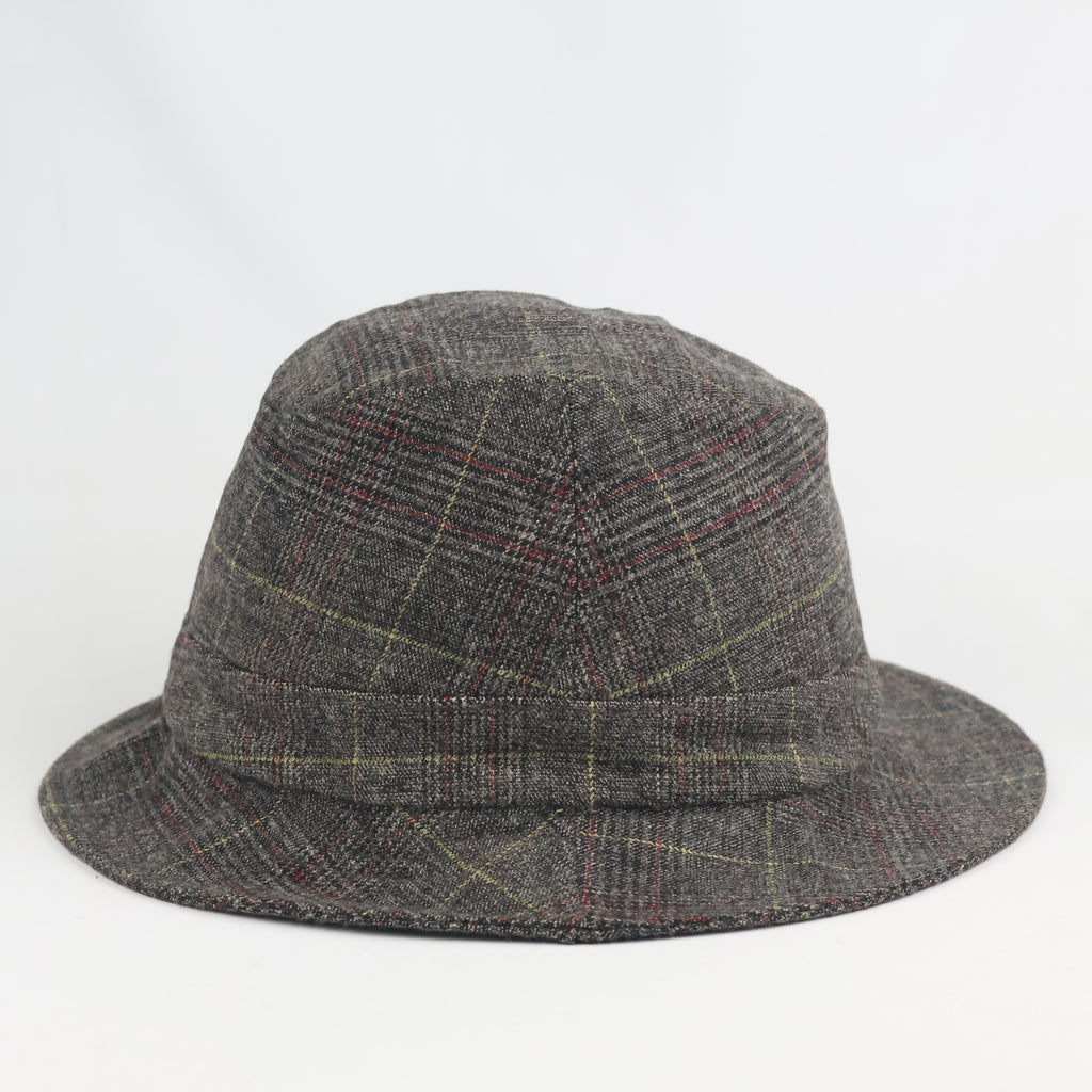 Retro Tartan Plaid Bucket Hat - Grey Wool Blend Thrifted Casual Cloche Cap