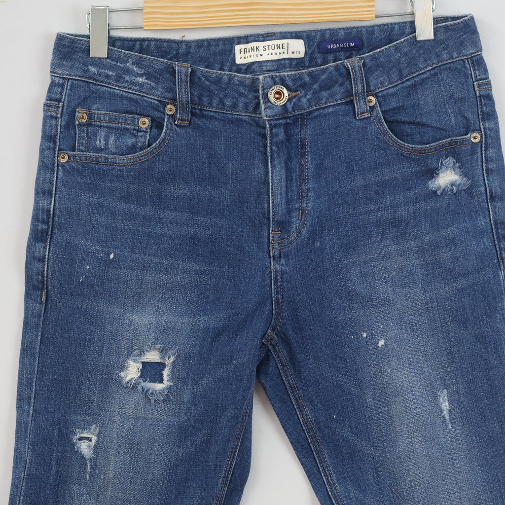 Thrifted Frank Stone Men's Ripped Blue Slim Jeans 32 Waist/ J1030