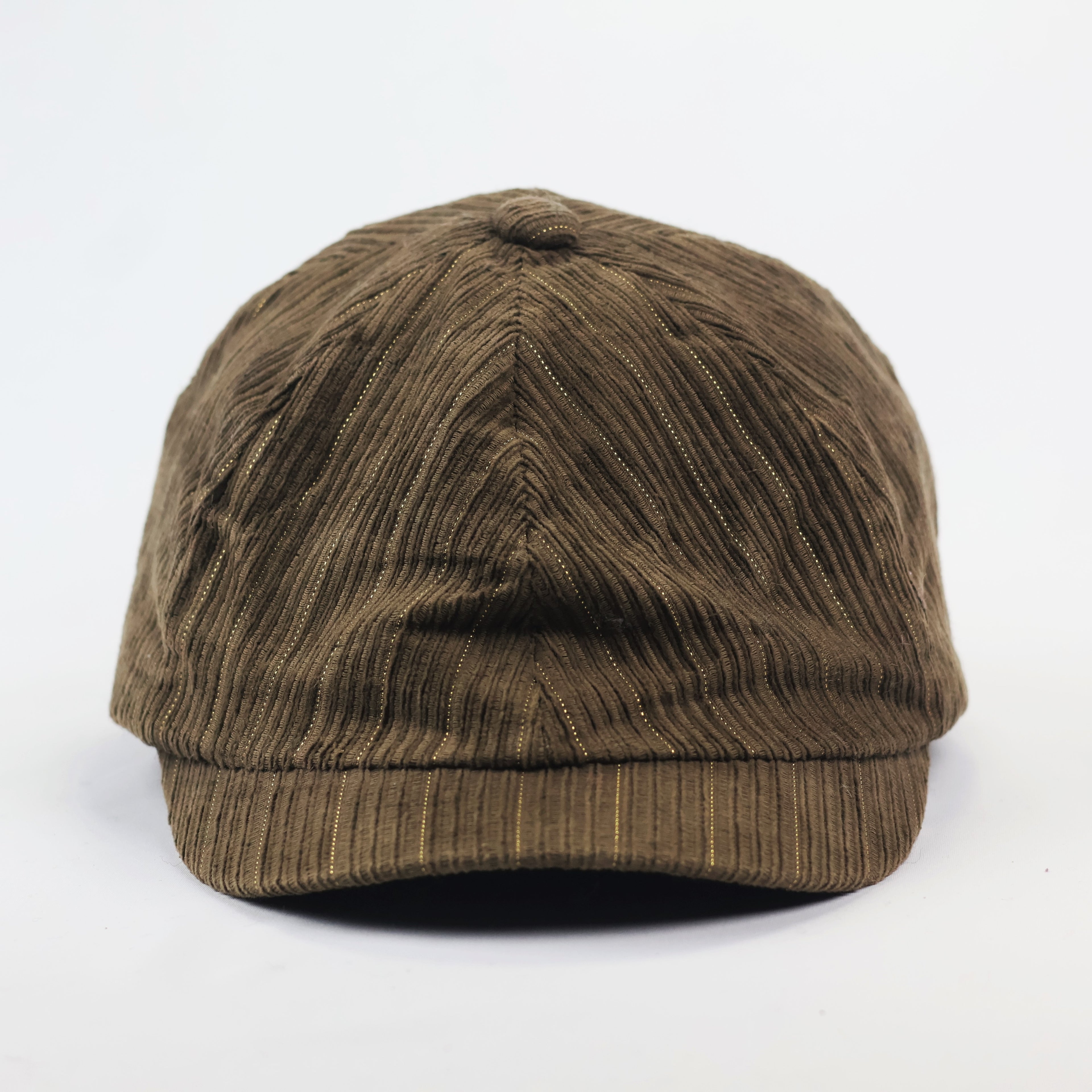 Reserved Brown Corduroy Newsboy Thrifted Cap with Gold Metallic Pinstripes - Size Adult
