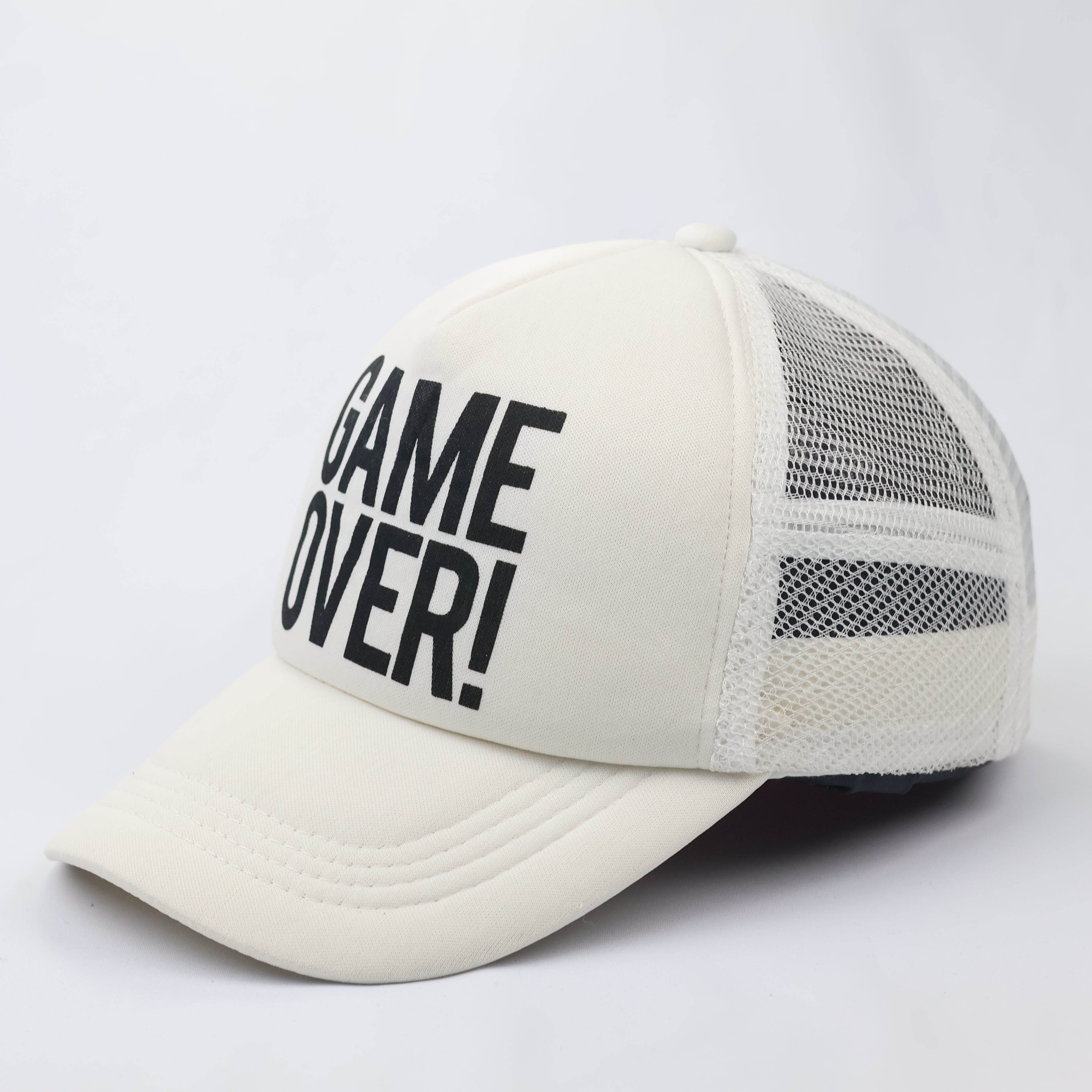 Game Over Graphic Trucker Hat - Off-White Mesh Snapback Cap