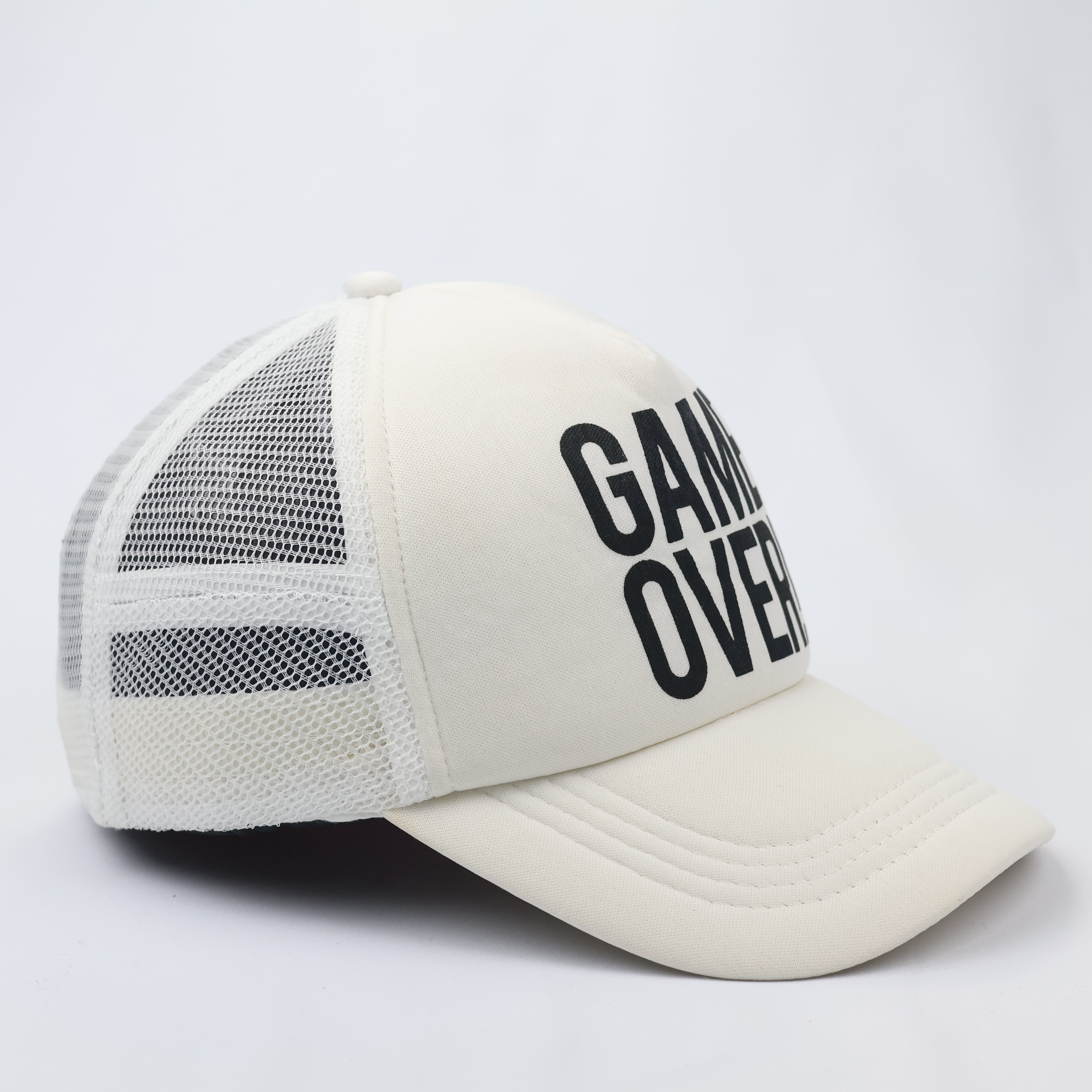 Game Over Graphic Trucker Hat - Off-White Mesh Snapback Cap