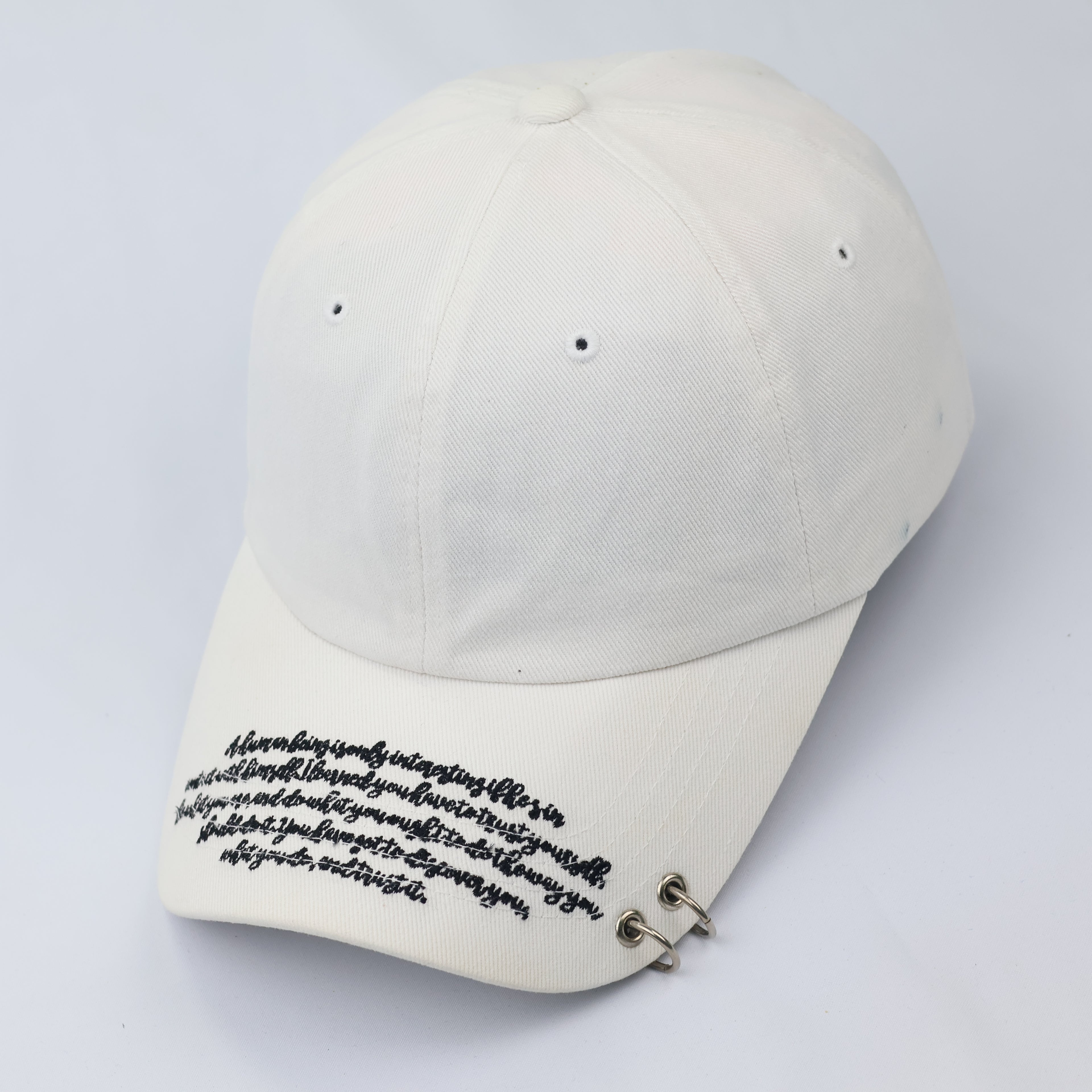 White Piercing Hoop Dad Hat - K-Pop Style Script Embroidered Cap
