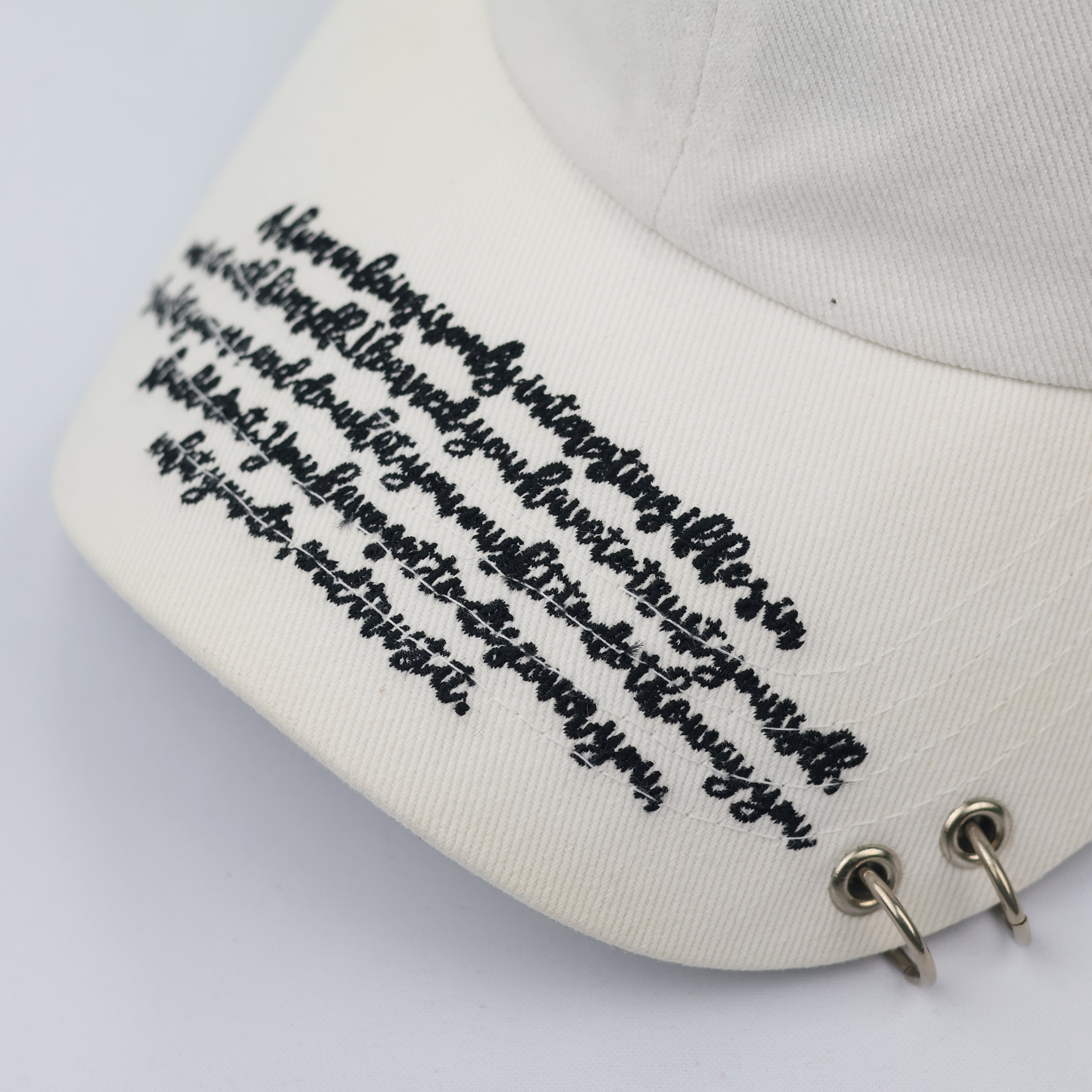 White Piercing Hoop Dad Hat - K-Pop Style Script Embroidered Cap