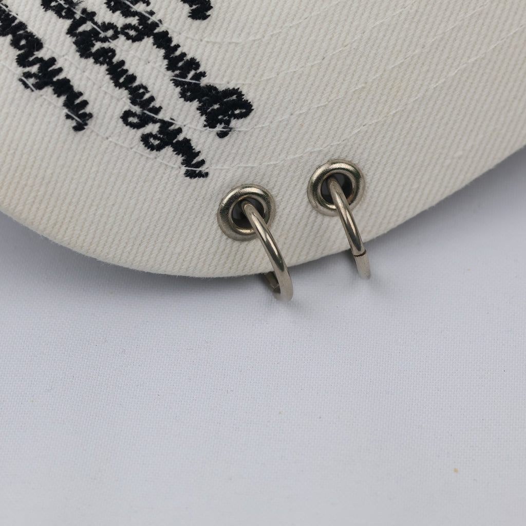 White Piercing Hoop Dad Hat - K-Pop Style Script Embroidered Cap