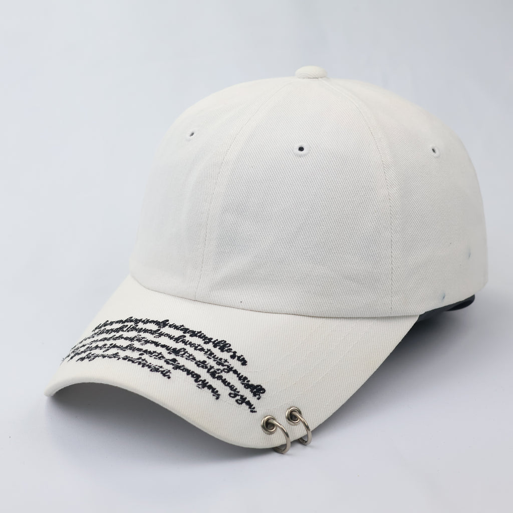 White Piercing Hoop Dad Hat - K-Pop Style Script Embroidered Cap