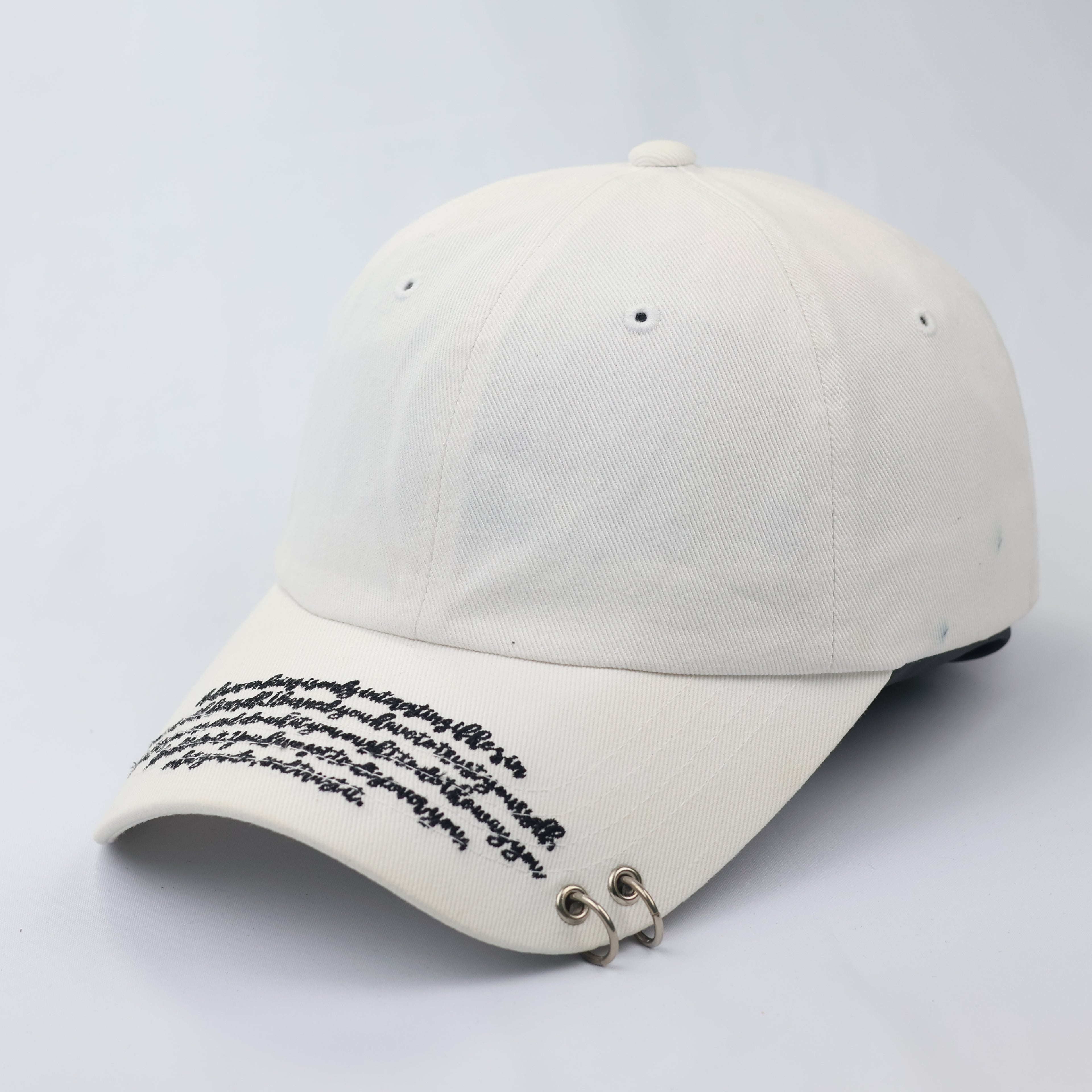 White Piercing Hoop Dad Hat - K-Pop Style Script Embroidered Cap