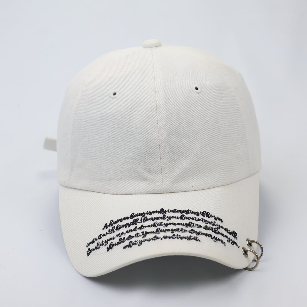 White Piercing Hoop Dad Hat - K-Pop Style Script Embroidered Cap